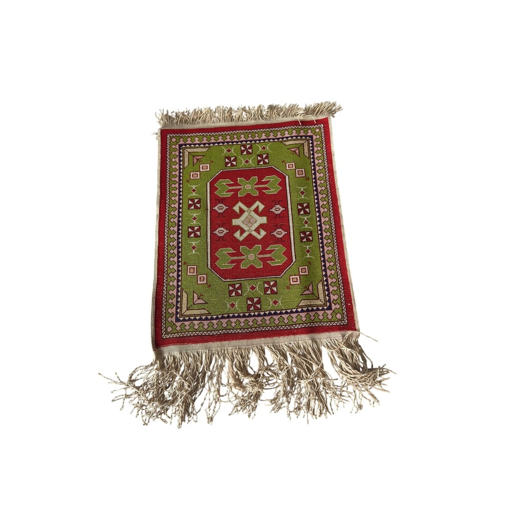 Vintage Miniature Mini Kilim Turkish Rug Decor Green Red 12x19 Silk Wool KC - Picture 9 of 10